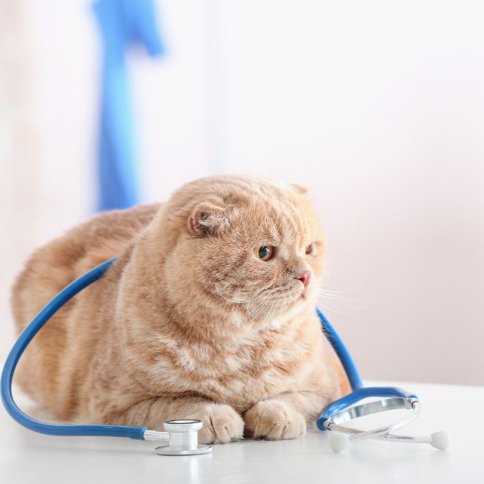 Cat wearing stethoscope at vet clinic