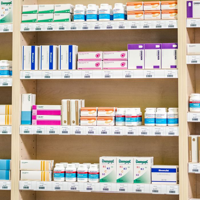 Shelves full of pet medicines in pharmacy